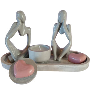 Handcrafted Jesmonite Tray with Cut-Out Figures, Heart and Candle