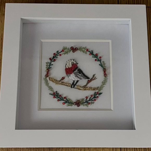 Festive Robin Silk Ribbon Embroidered Frame