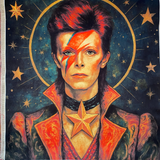 Artistic depiction of David Bowie with a star necklace against a starry background