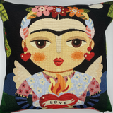 Decorative pillow with a colorful design of a face with flowers and 'LOVE' heart on a black background.