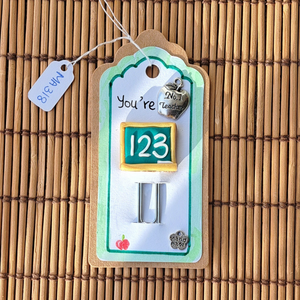 Handmade polymer clay bookmark with a blackboard with abc written on it; teacher gift 
