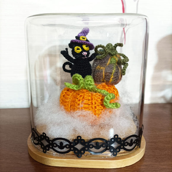 halloween amigurumi black cat pumpkins crochet composition glass dome handmade