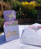 These lovely Happy Birthday handmade cards are made to fold flat for posting and then to sit as a box of flowers once opened.