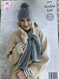 Ladies double knit cardigan, scarf and hat knitting pattern 5479